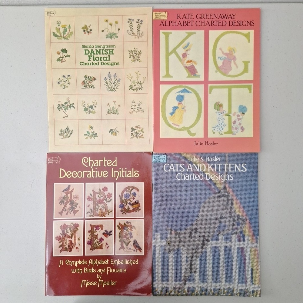 Vintage Dover Needlework Series 4 Design Books Danish Floral Initials Alpha Cats